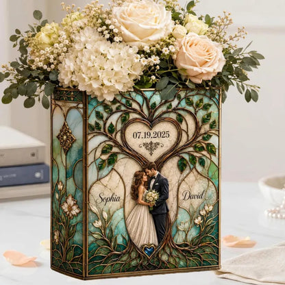 Personalized Wedding Couple Heart Tree Stained Glass Ceramic Book Vase, Custom Stained Glass Wedding Book Vase WD0654