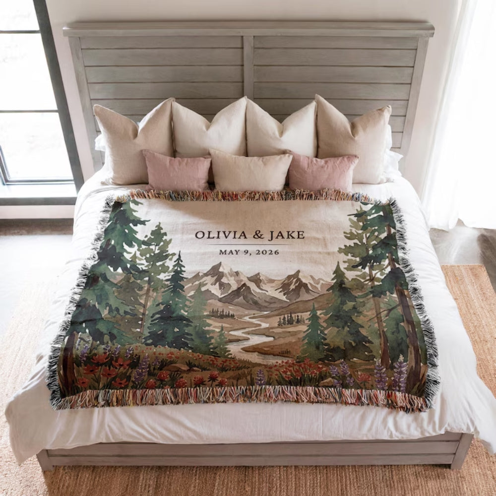 Personalized Mountain Forest Woven Blanket For Couple, Custom Wedding Blanket WD0349