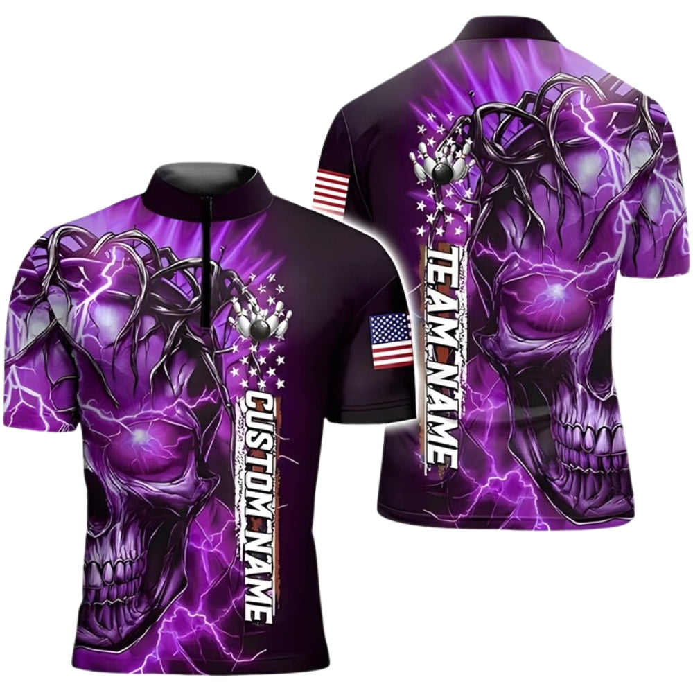 Custom Skull Thunder Black And Blue Bowling Jersey For Men, Custom Skull Bowling Team Shirts BE0152