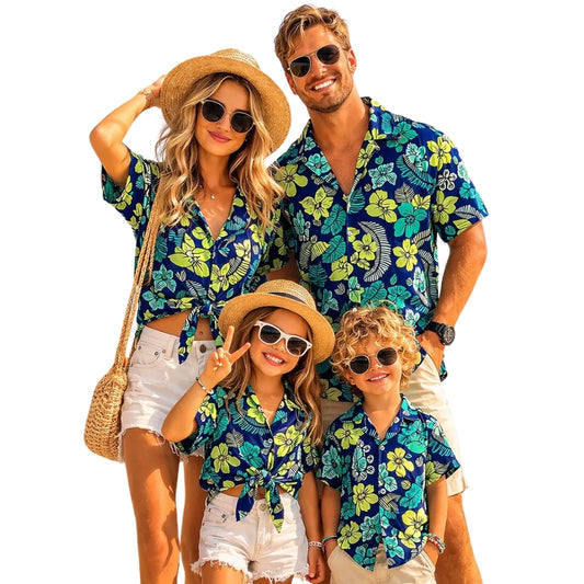 Hibiscus Green And Teal Matching Family Hawaiian Shirt, Tropical Floral Family Hawaiian Shirts ET0995
