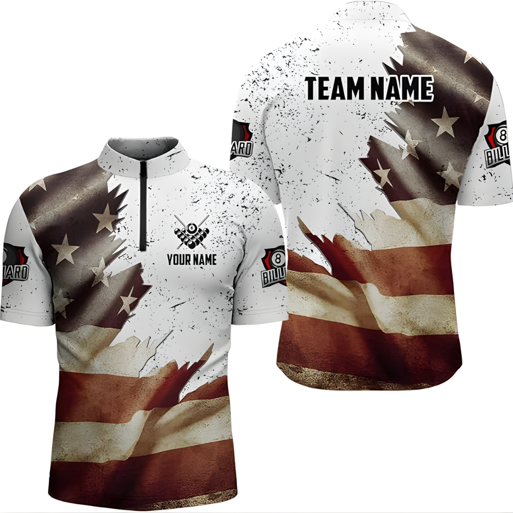 Custom Retro American Flag Billiard Jersey For Men, Custom Patriotic Billiard Team Shirts BIZ0089
