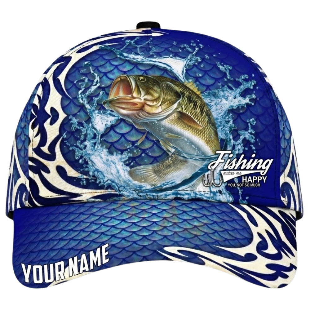 Bass Fishing Fishing Makes Me Happy Custom  3D Printed Baseball Cap, Custom Fishing Lover Cap Hat CP0540