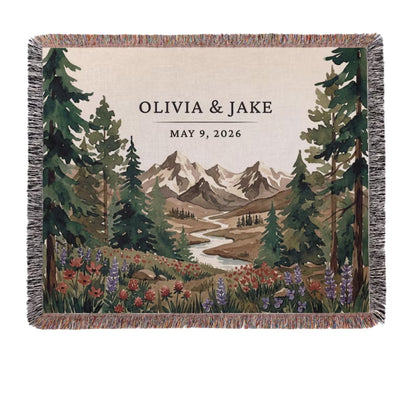 Personalized Mountain Forest Woven Blanket For Couple, Custom Wedding Blanket WD0349