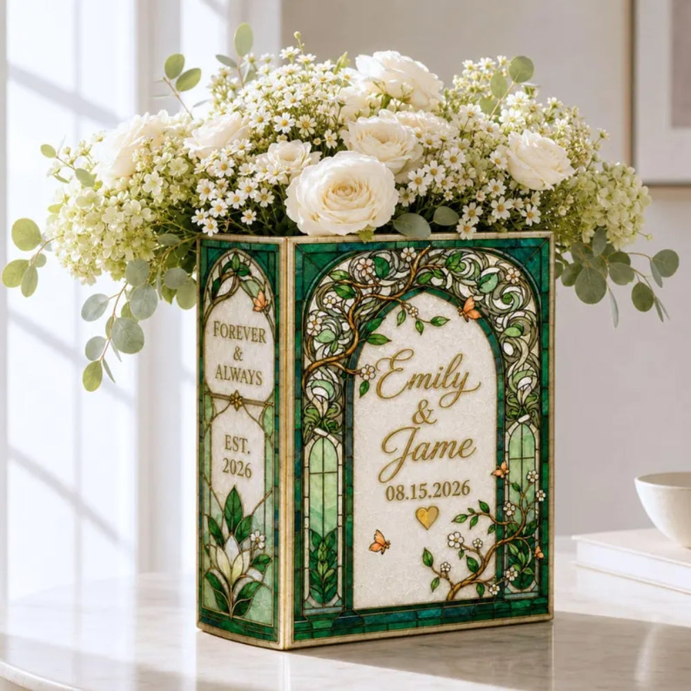 Personalized Wedding Emerald Green Stained Glass Ceramic Book Vase, Personalized Stained Glass Book Vase For Wedding Engagement WD0655