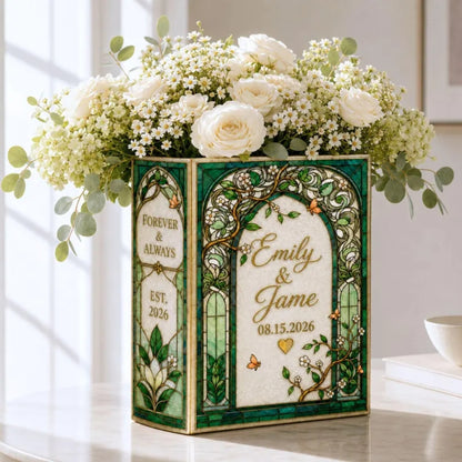 Personalized Wedding Emerald Green Stained Glass Ceramic Book Vase, Personalized Stained Glass Book Vase For Wedding Engagement WD0655