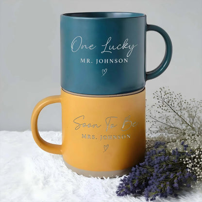 Soon To Be Mrs One Lucky Mr Personalized Engaged Pottery Mug For Couple, Custom Engagement Wedding Mug WD0345