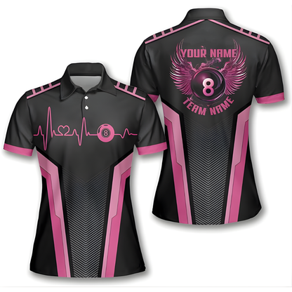 Custom Black Pink 8 Ball Billiard Polo Shirt Women, Custom 8 Ball Billiard Team Shirts For Ladies BIZ0092