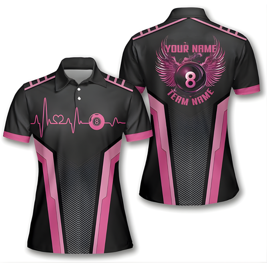 Custom Black Pink 8 Ball Billiard Polo Shirt Women, Custom 8 Ball Billiard Team Shirts For Ladies BIZ0092