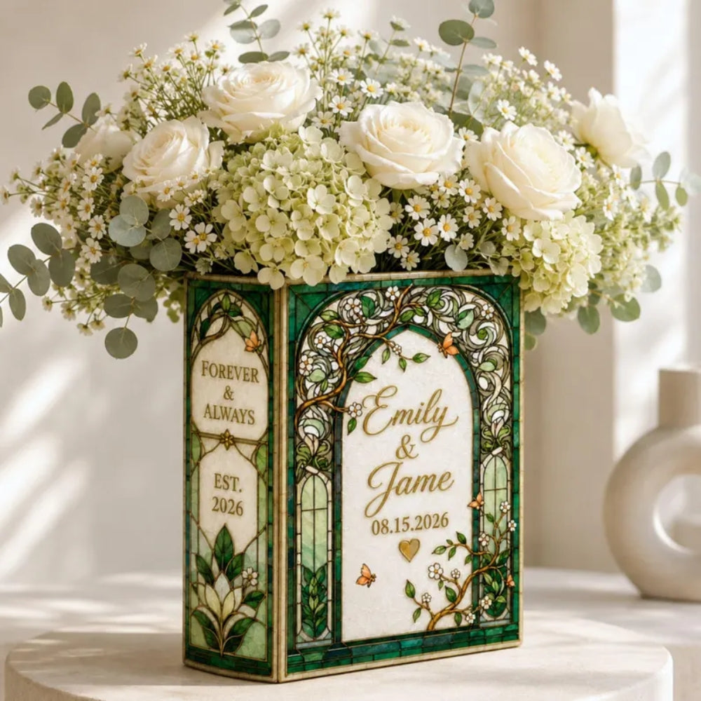 Personalized Wedding Emerald Green Stained Glass Ceramic Book Vase, Personalized Stained Glass Book Vase For Wedding Engagement WD0655