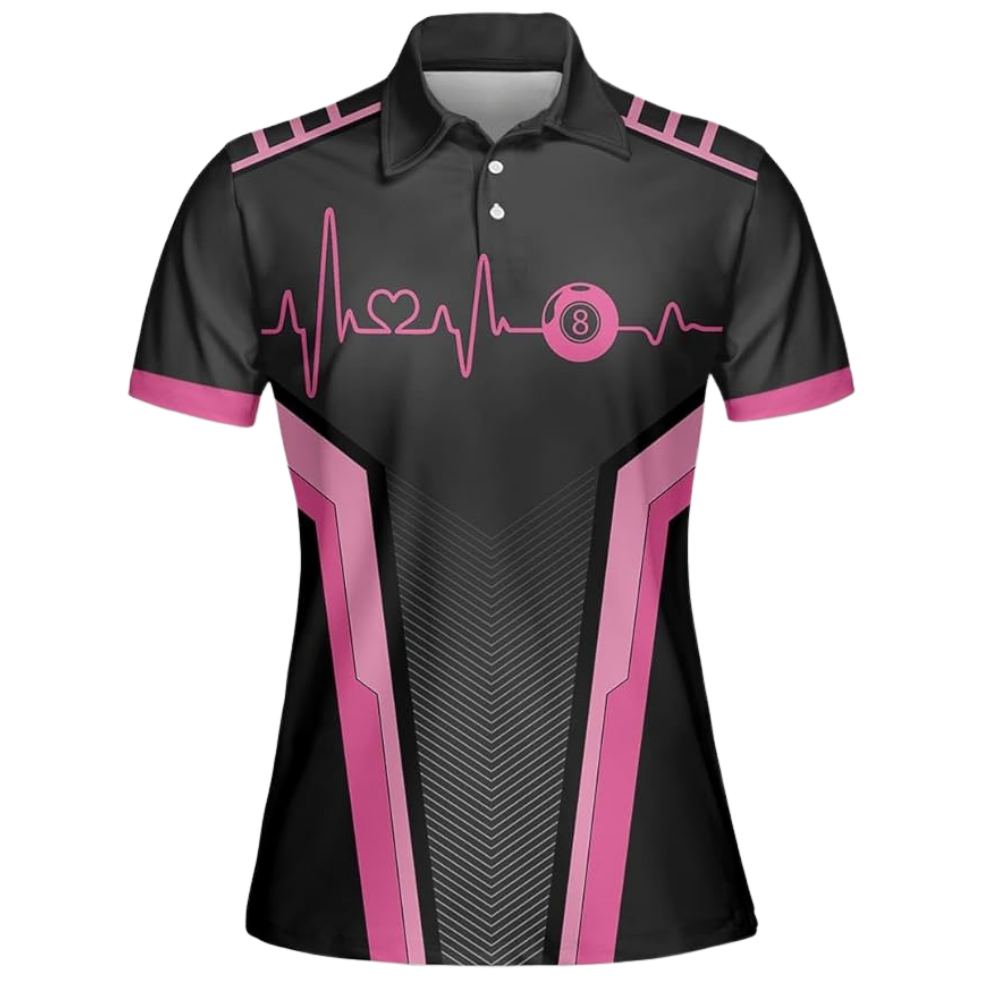 Custom Black Pink 8 Ball Billiard Polo Shirt Women, Custom 8 Ball Billiard Team Shirts For Ladies BIZ0092