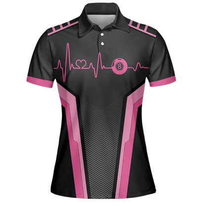Custom Black Pink 8 Ball Billiard Polo Shirt Women, Custom 8 Ball Billiard Team Shirts For Ladies BIZ0092