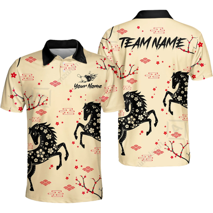 Custom Floral Horse Cherry Blossom Men's Bowling Polo Shirts, Custom Horse Bowling Team Shirts  BZ0607
