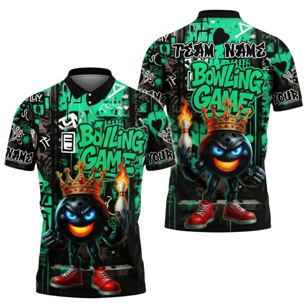 Custom Graffiti Ball Funny Bowling Mens Polo Shirt, Black And Red Custom Team Bowling Shirts BZ0503
