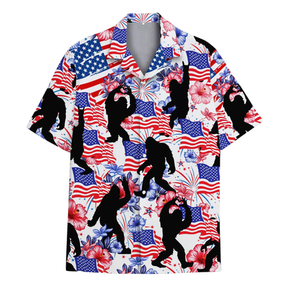 Tropical American Flag Bigfoot Hawaiian Shirt Mens, Sasquatch Independence Day Aloha Hawaiian Shirts HE0466