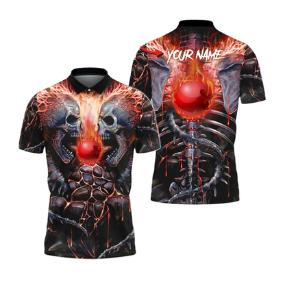 Custom Skull Flame Ball Bowling Polo Shirt For Men, Custom Skull Bowling Shirt BZ1053