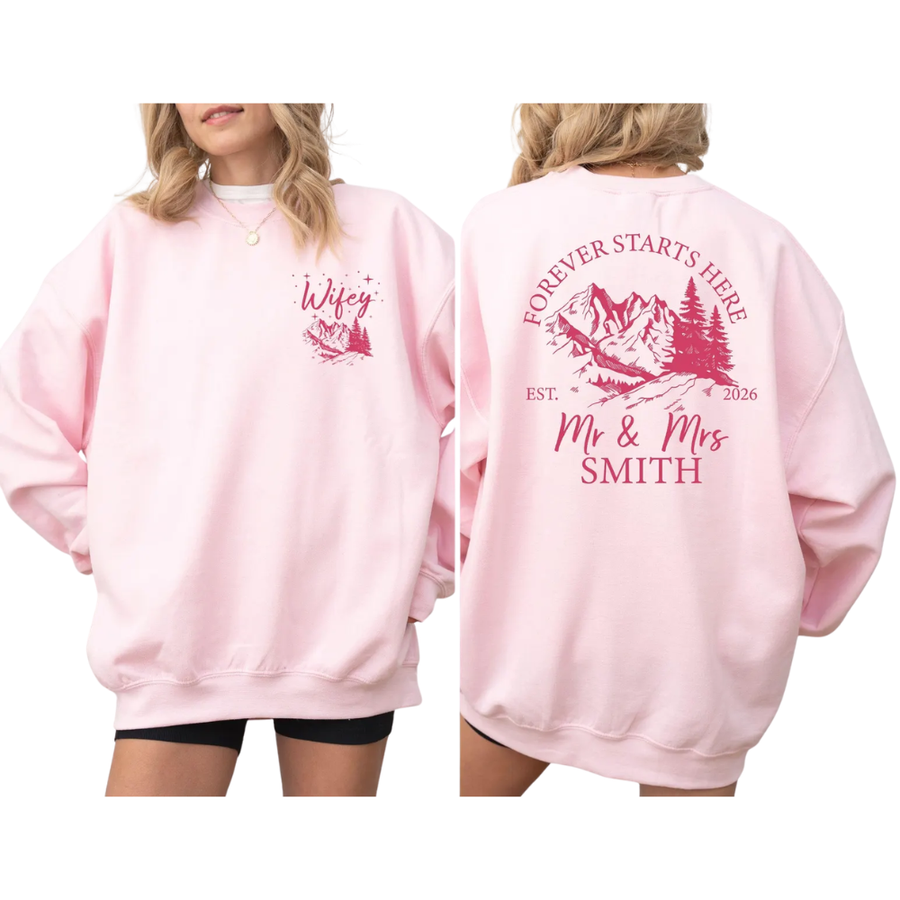 Forever Starts Here Custom Adventure Trip Couple Sweatshirt Matching, Custom Mr & Mrs Sweatshirts ET1477