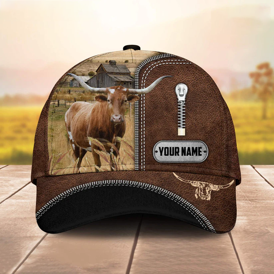 Texas Longhorn Leather Zip Pattern Customized Name Cap CA0088