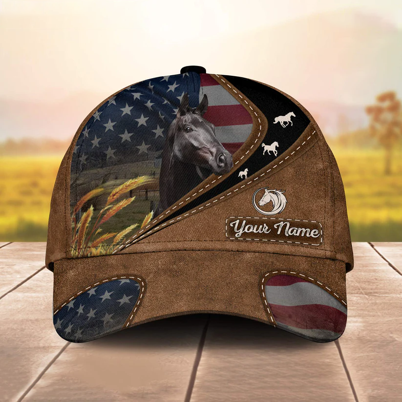 Black Horse Leather Pattern American Customized Name Cap CA0188