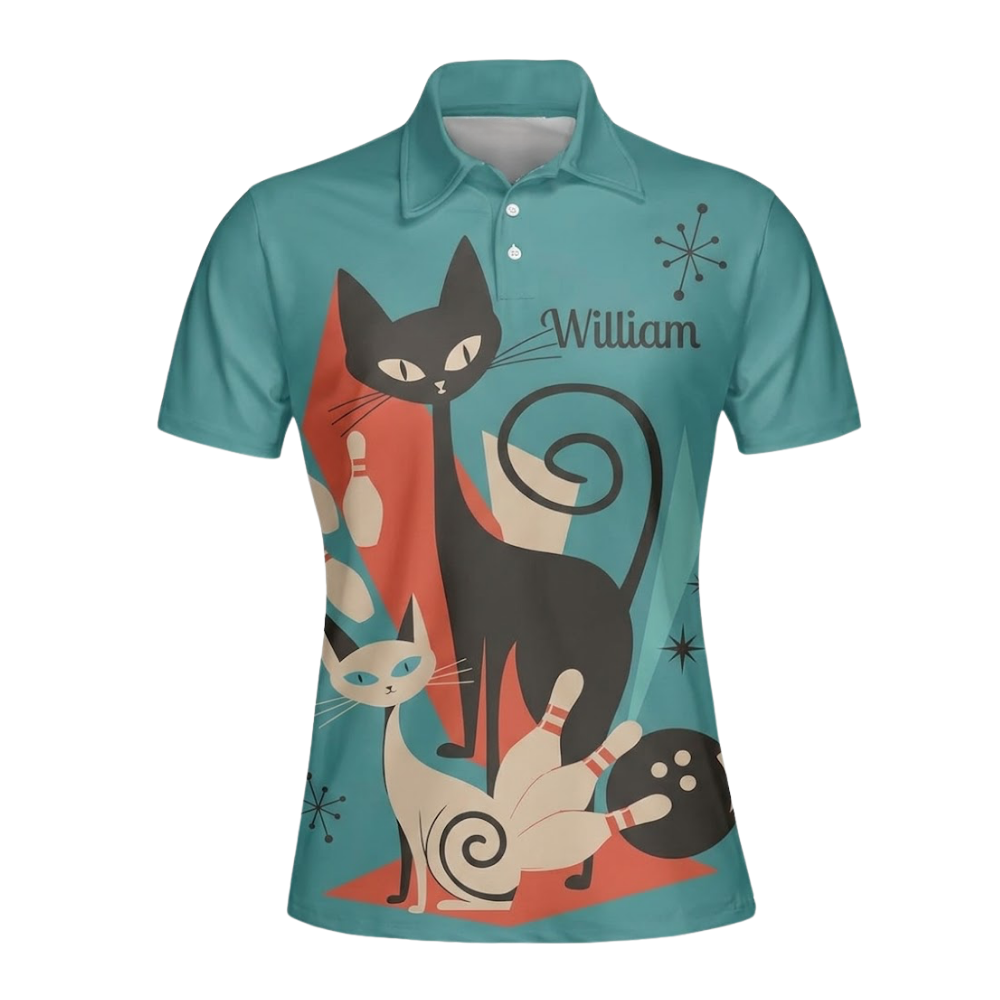 Women's Custom Vintage Cat Bowling Polo Shirt Cyan, Custom Cat Bowling Team Shirt For Ladies BZ0774