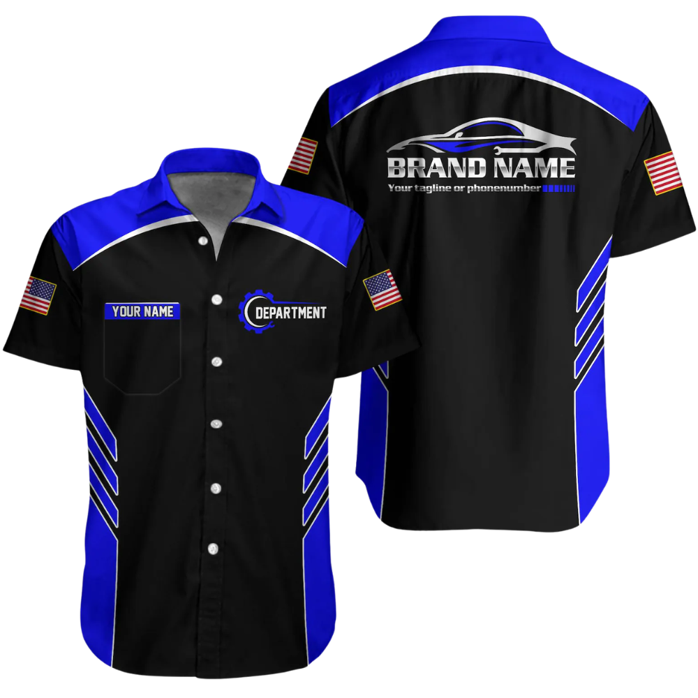 Personalized Racing Team Workwear Button Hawaiian Shirt Men, Custom Mechanic Uniform Shirts For Company HE0379