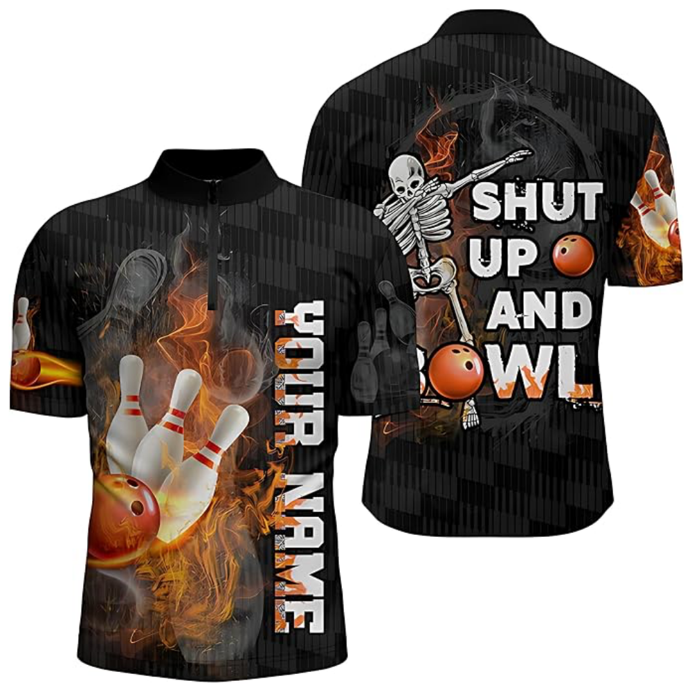 Shut Up And Bowl Custom Skeleton Flame Men's Bowling Jersey, Custom Skull Bowling Shirts  BZ0792