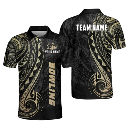Custom Tribal Black And Blue Men's Bowling Polo Shirts, Custom Tribal Team Bowling Shirts BZ1051