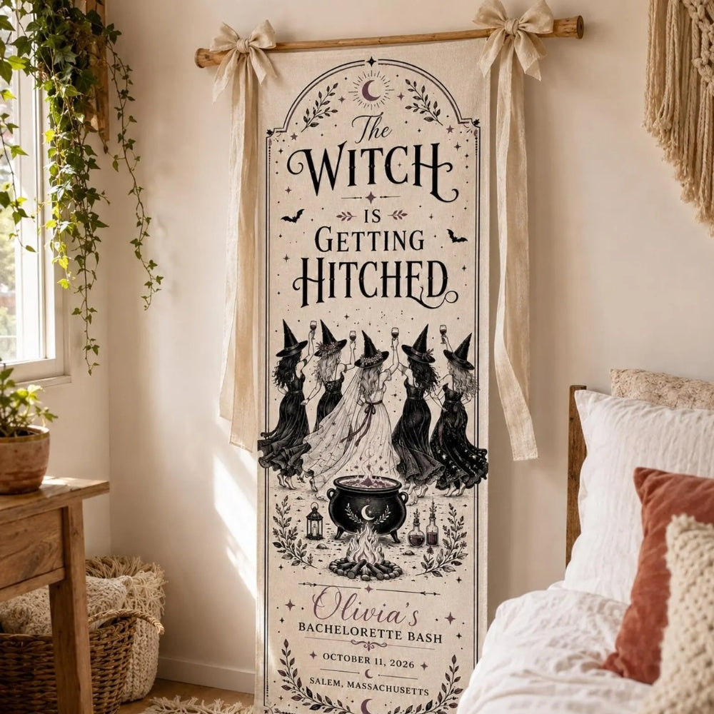 The Witch Getting Hitched Custom Halloween Bachelorette Fabric Welcom Banner, Custom Bachelorette Halloweeen Sign WD0401