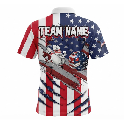 Angry Ball And Scary Pins Custom American Flag Bowling Polo Shirt For Men, Custom Patriotic Bowling Team Shirt BZ0943