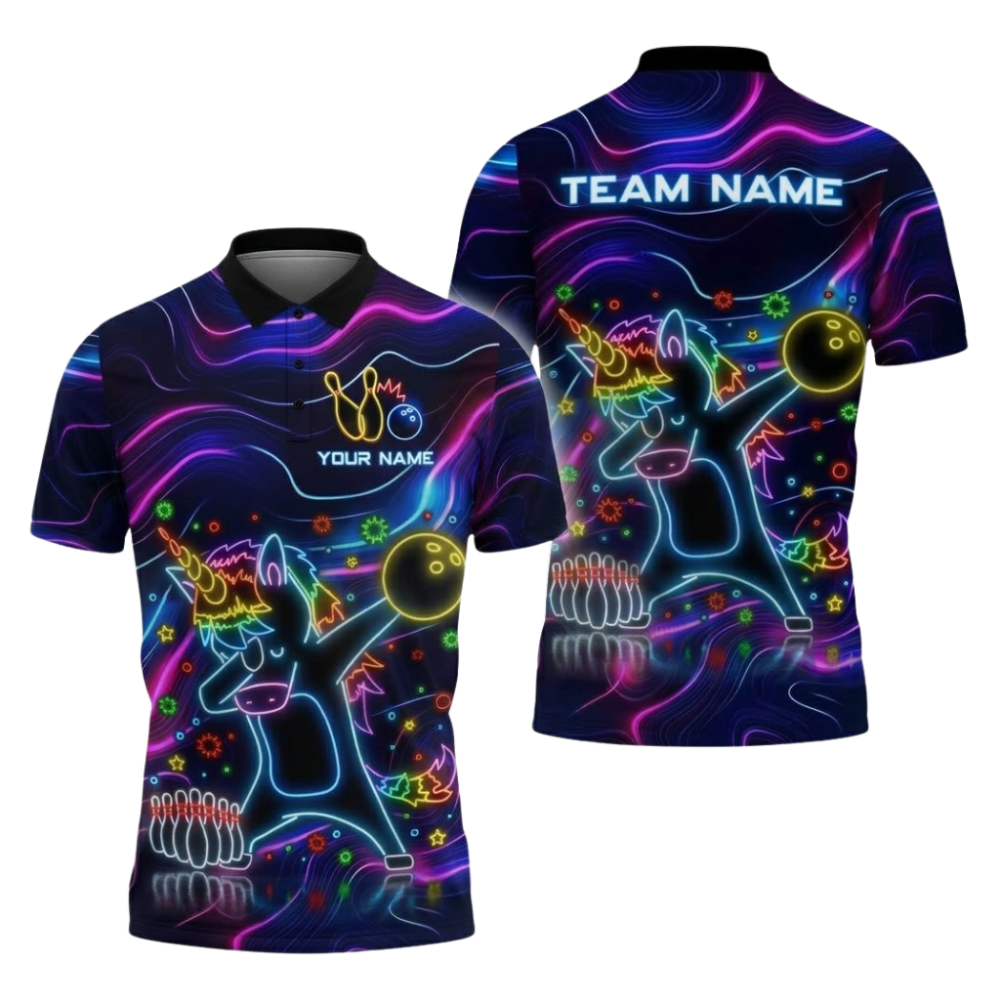Funny Unicorn Custom Neon Bowling Mens Polo Shirts, Custom Unicorn Bowling Team Shirts BZ1113