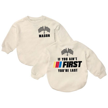 If You Ain't First You're Last Custom Race Car Baby Boy Romper Sweatshirt, Personalized Racing First Birthday Romper Sweatshirt Baby BB0703