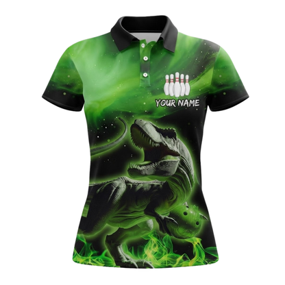 Womens Custom Dinosaur Green Flame Bowling Polo Shirt, Custom Dinosaur Bowling Team Shirts For Ladies BZ0676