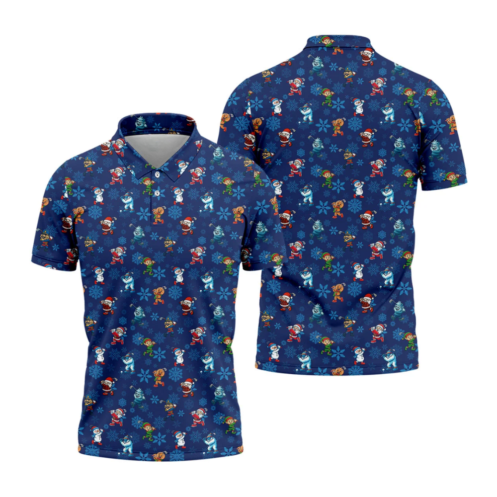 Men's Navy Funny Characters Xmas Golf Polo Shirts, Christmas Golf Shirts GZ0459