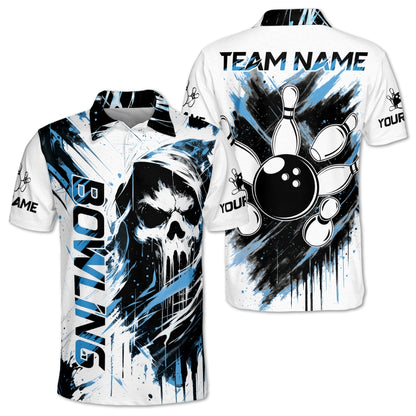 Custom Skull Black White Bowling Polo Shirt Men, Custom Team Skull Bowling Shirts BM0344