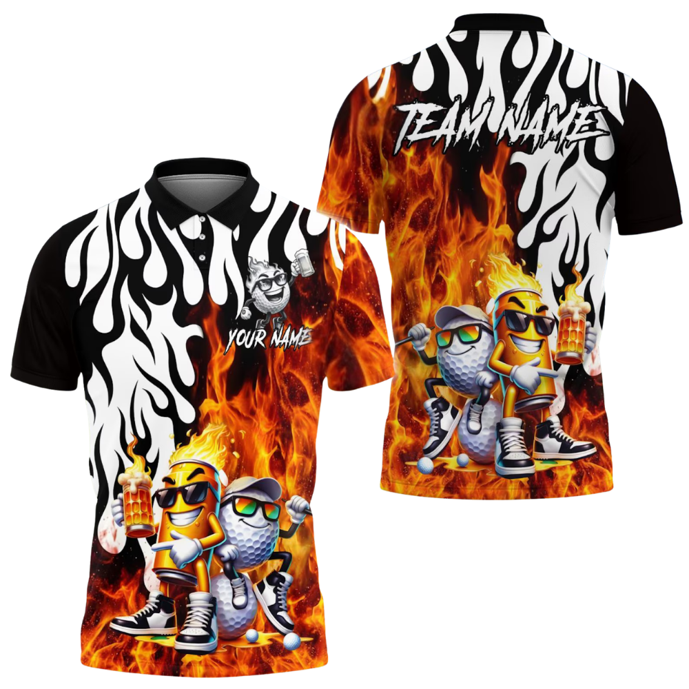 Funny Beer Custom Flaming Golf Mens Polo Shirt, Custom Beer Flame Golf Team Shirts GE0583