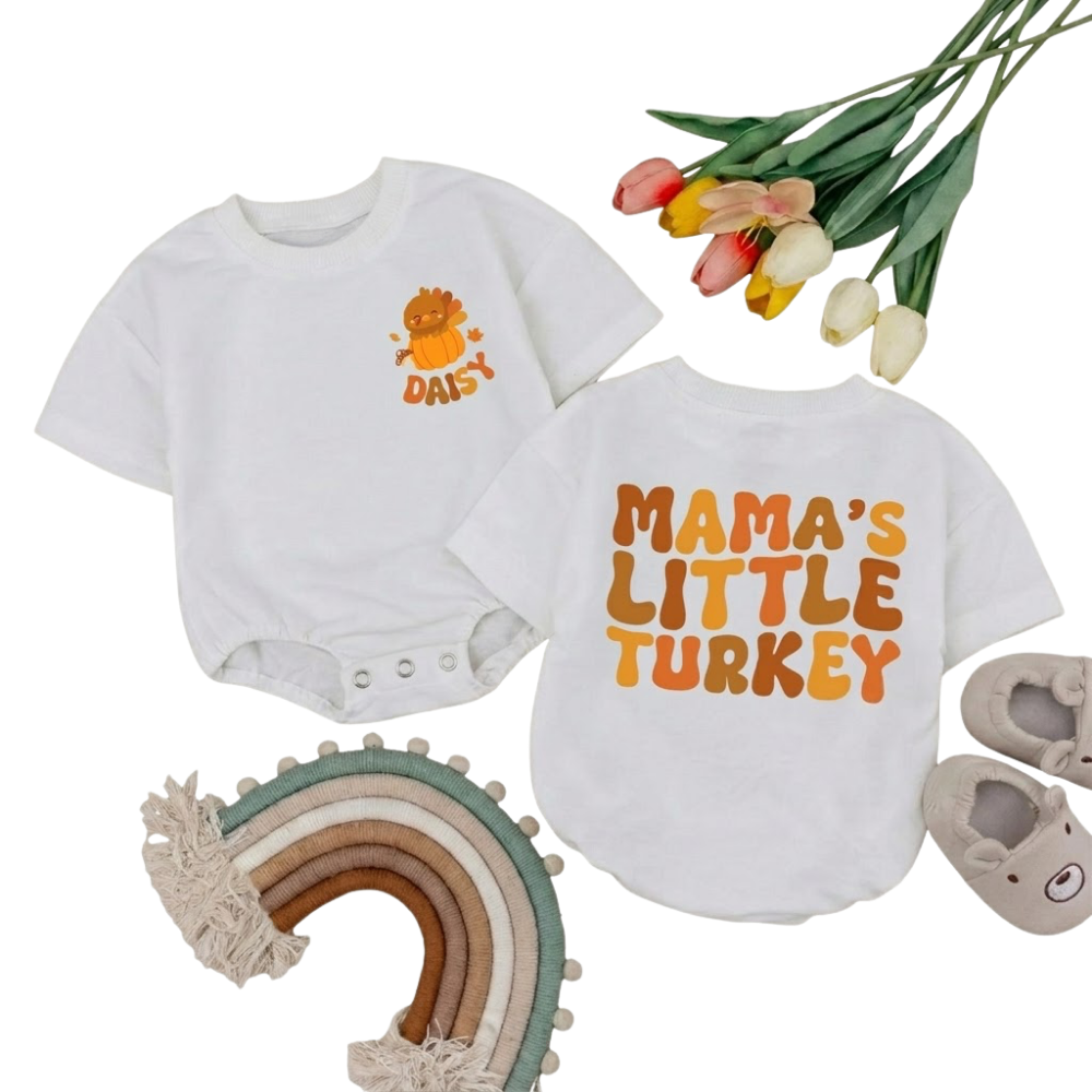 Custom Baby Name Mama's Little Turkey T Shirt Romper, Custom Thanksgiving Baby Romper BB0239