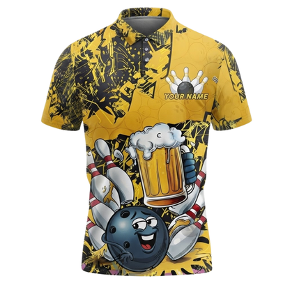 Custom Funny Ball And Beer Bowling Polo Shirt For Men, Custom Beer Bowling Team Shirts BZ0549