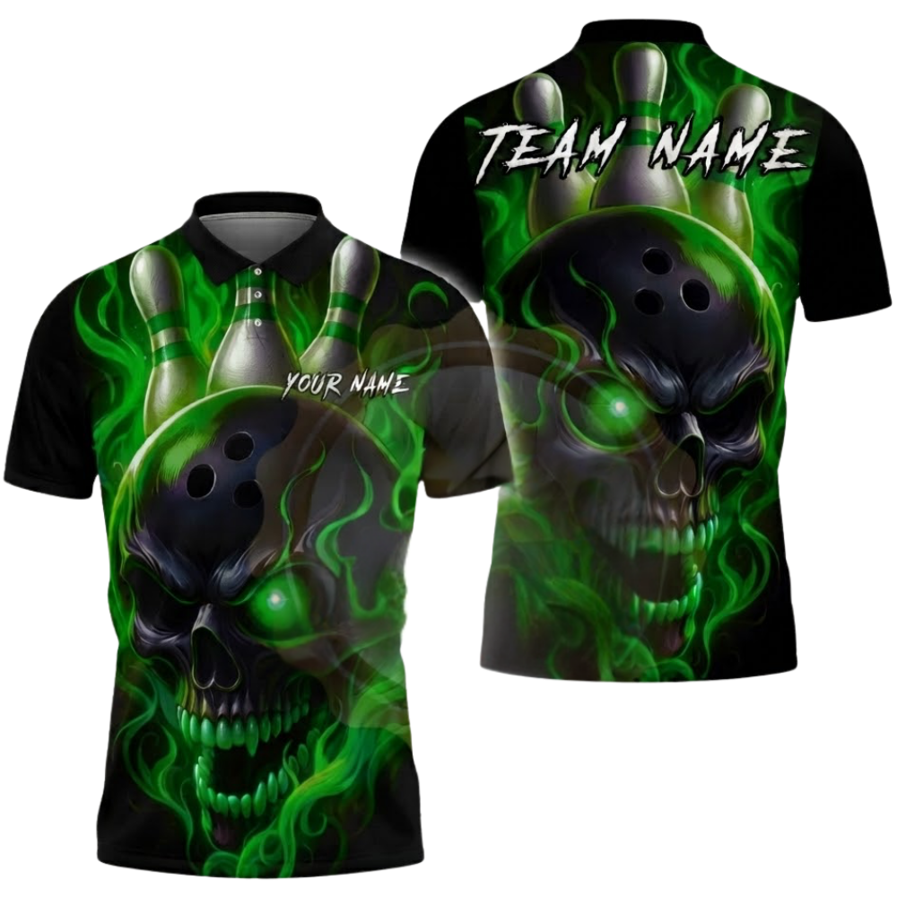 Custom Skull Pink Flame Bowling Polo Shirt For Men, Custom Skull Bowling Team Shirts BZ0613