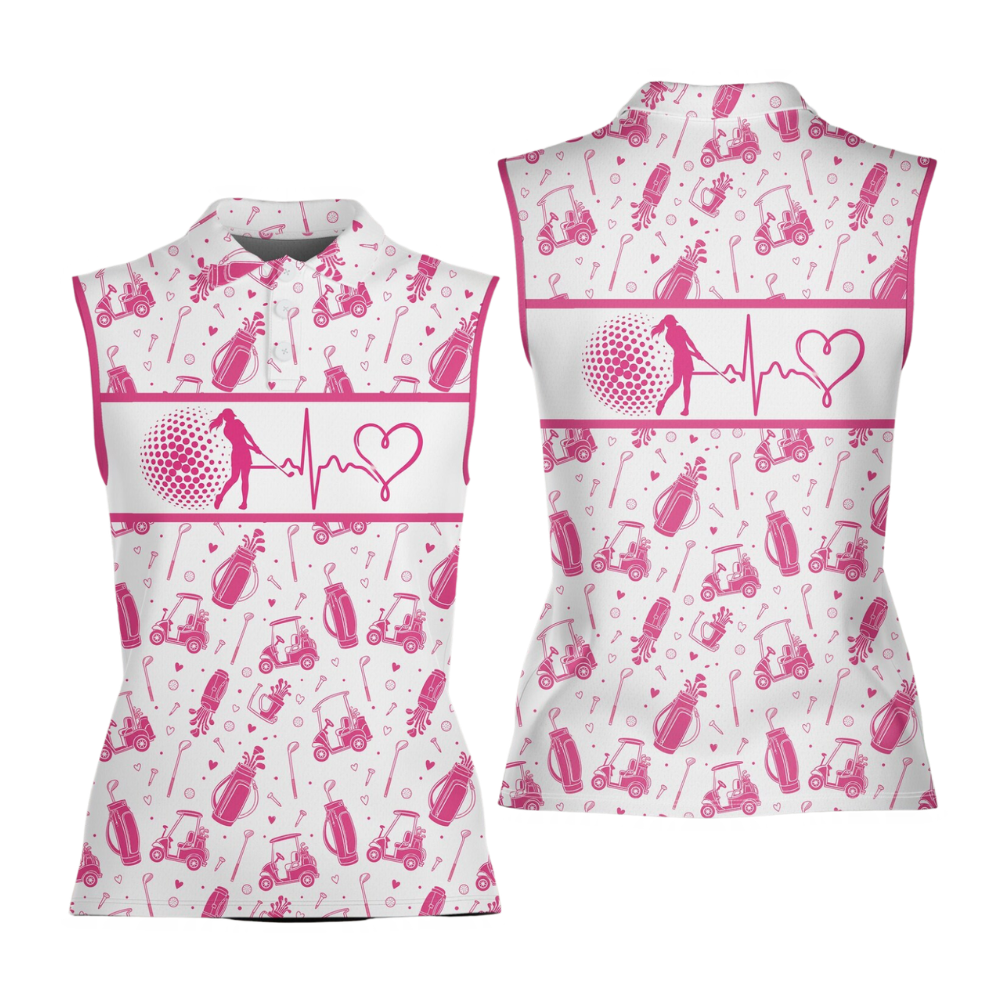 Women's Heartbeat Pink And White Sleeveless Golf Shirt, Pink Golf Shirt For Ladies GE0602