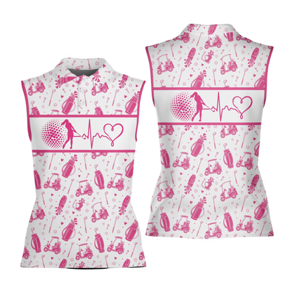 Women's Heartbeat Pink And White Sleeveless Golf Shirt, Pink Golf Shirt For Ladies GE0602