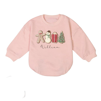 Custom Name Gingerbread Snowman Christmas Tree Baby Romper Sweater, Custom Christmas Baby Romper Sweatshirt BB0206