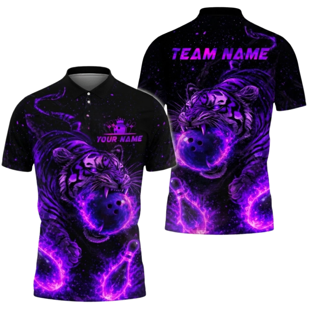 Custom Tiger Fire Ball Bowling Polo Shirt For Men, Custom Tiger Bowling Team Shirt BZ0805