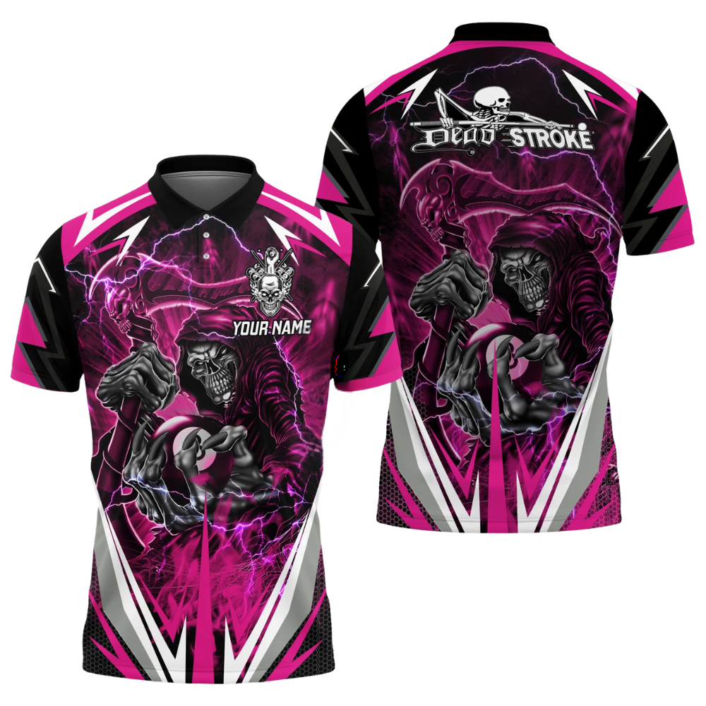 Custom Dead Stroke Skull 8 Ball Mens Blue Billiard Polo Shirt, Custom Skull Billiard Shirts BIZ0310