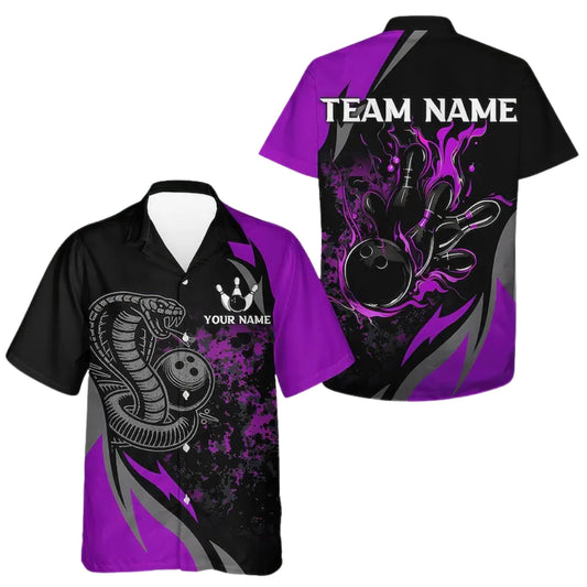 Custom Snake Black And Purple Bowling Hawaiian Shirt For Men, Custom Snake Bowling Team Shirts BE0154