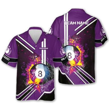 Custom Purple Flaming 8 Ball Hawaiian Shirt Mens, Custom 8 Ball Pool Team Shirts BIZ0214
