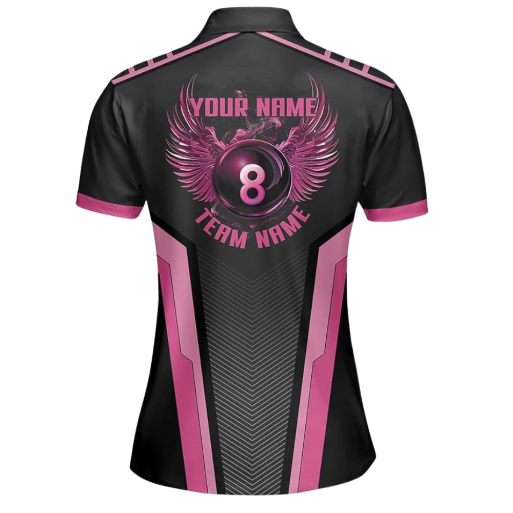 Custom Black Pink 8 Ball Billiard Polo Shirt Women, Custom 8 Ball Billiard Team Shirts For Ladies BIZ0092