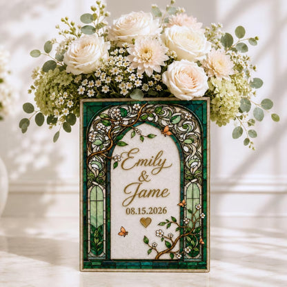 Personalized Wedding Emerald Green Stained Glass Ceramic Book Vase, Personalized Stained Glass Book Vase For Wedding Engagement WD0655