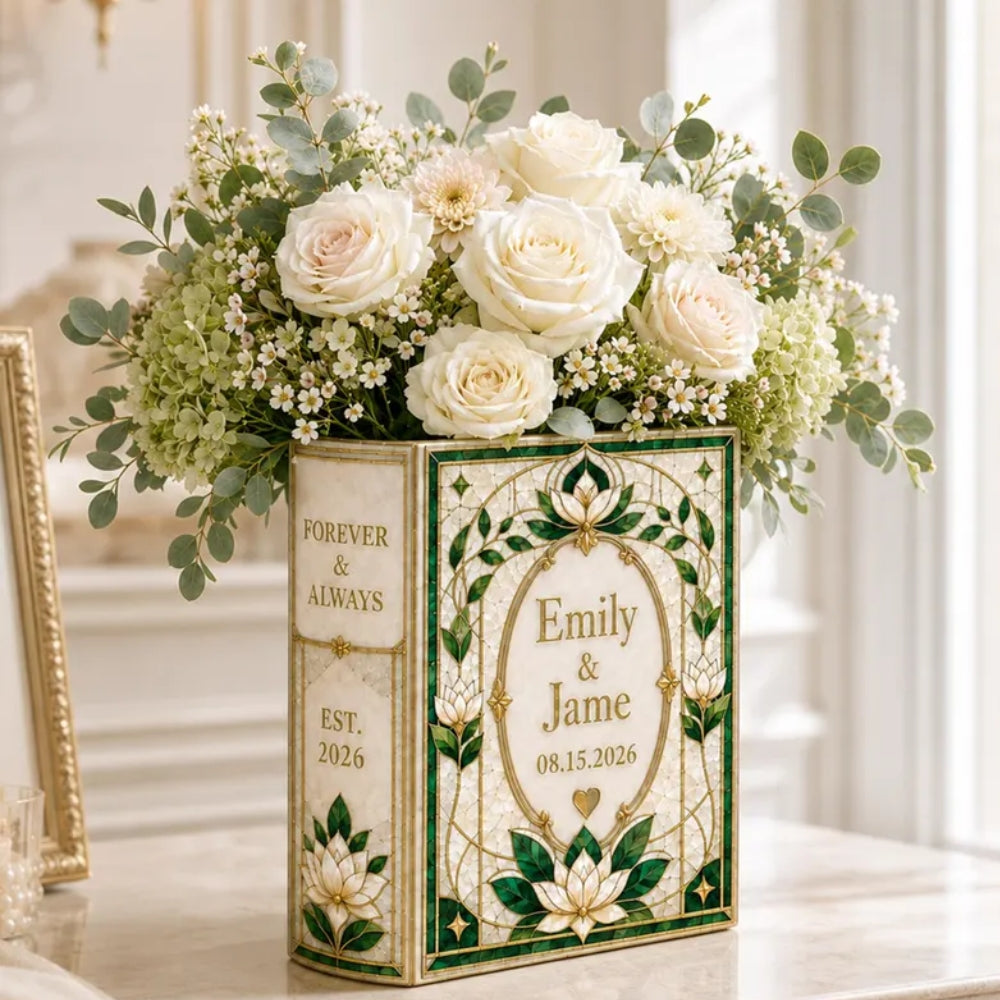Personalized Emerald Green Stained Glass Ceramic Book Vase For Wedding Engagement, Custom Wedding Stained Glass Book Vase WD0656