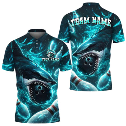 Custom Shark Cyan Bowling Polo Shirt For Men,Custom Shark Bowling Team Shirts BE0155