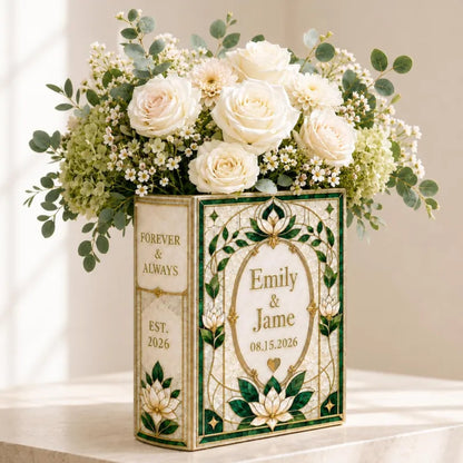 Personalized Emerald Green Stained Glass Ceramic Book Vase For Wedding Engagement, Custom Wedding Stained Glass Book Vase WD0656