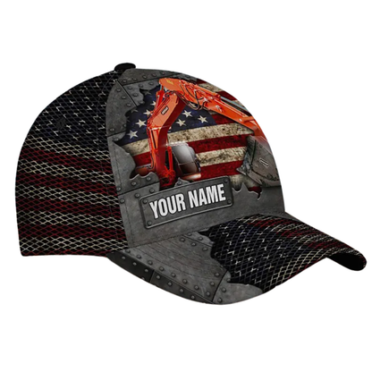 Custom Excavator American Flag Baseball Cap, Custom Construction Excavator Workers Hats Caps CP0145